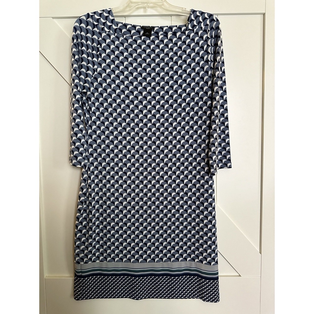 Ann Taylor Sheath Dress Petite's Medium‎ Blue White Geometric Print 3/4 Sleeve